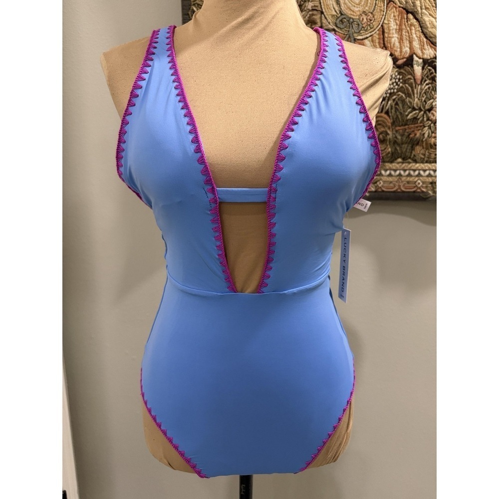 Lucky Brand Swimsuit Womens Small Blue Deep V Plunge One Piece Crochet‎ Trim